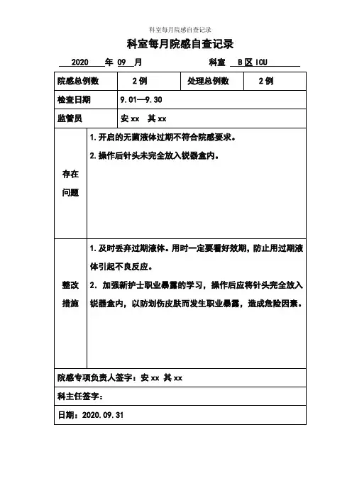 科室每月院感自查记录