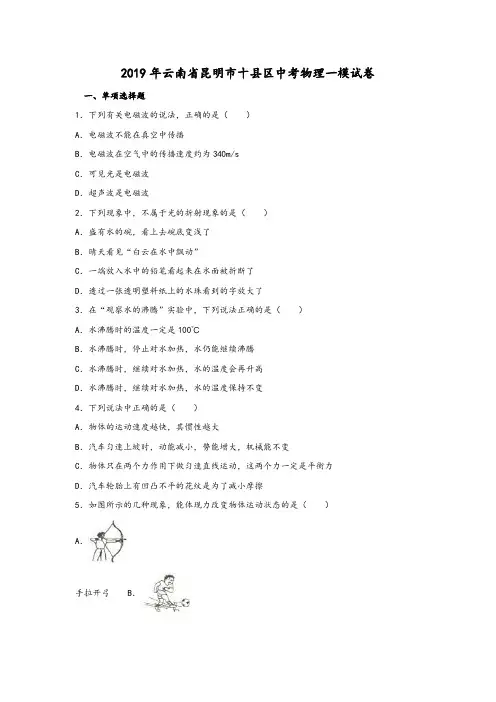 云南省昆明市十县区2019年中考物理一模试卷(含答案)