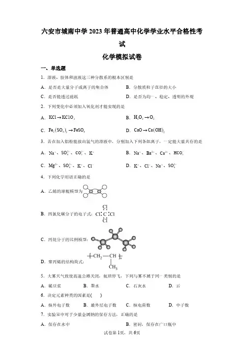 2023安徽高中学业水平合格考化学模拟试卷试题(含答案详解)
