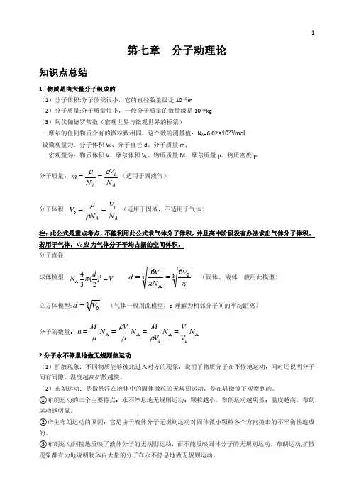 高中物理选修3-3第七章分子动理论同步训练(带答案)