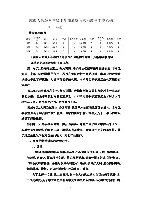 部编人教版八年级下学期道德与法治教学工作总结