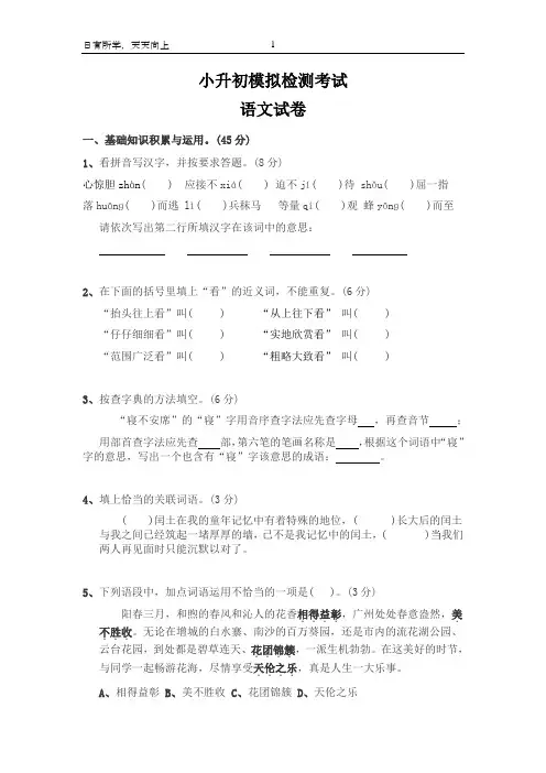 六年级小升初语文模拟试卷及答案