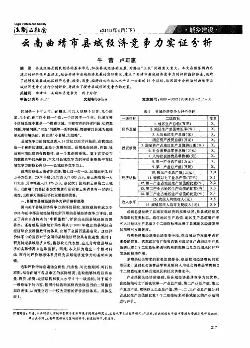 云南曲靖市县域经济竞争力实证分析