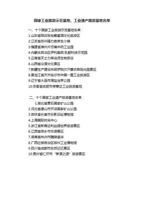 国家工业旅游示范基地、工业遗产旅游基地名单