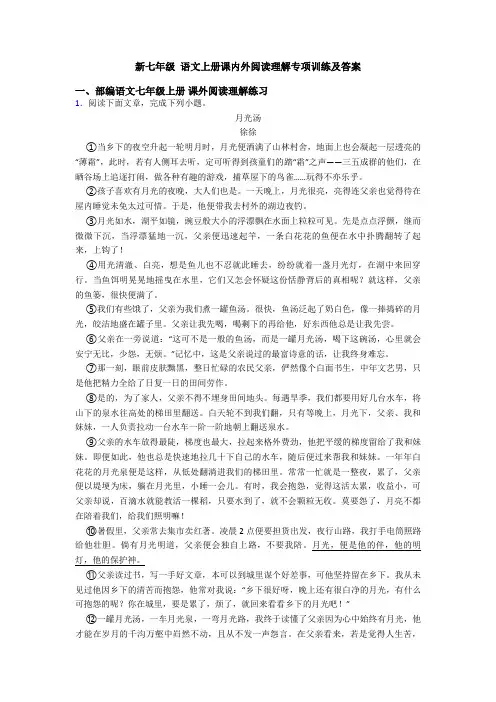 新七年级 语文上册课内外阅读理解专项训练及答案