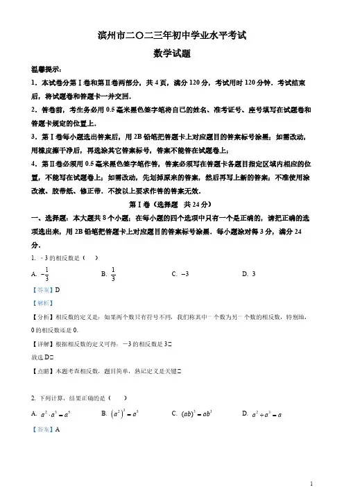 2023年山东省滨州市中考数学真题(解析版)