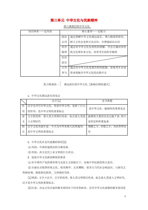 高考政治一轮复习第三模块文化与生活第三单元中华文化与民族精神第六课我们的中华文化讲义含解析