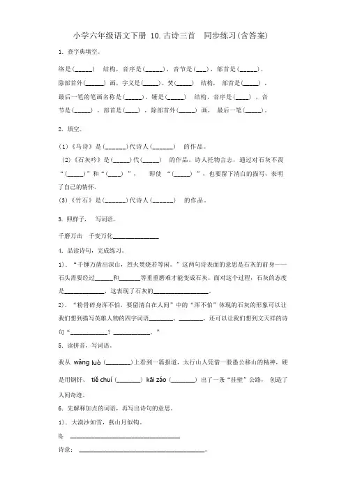 六年级语文下册试题  10.古诗三首同步练习  含答案  部编版
