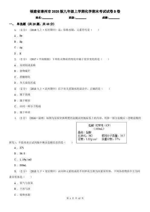 福建省漳州市2020版九年级上学期化学期末考试试卷B卷