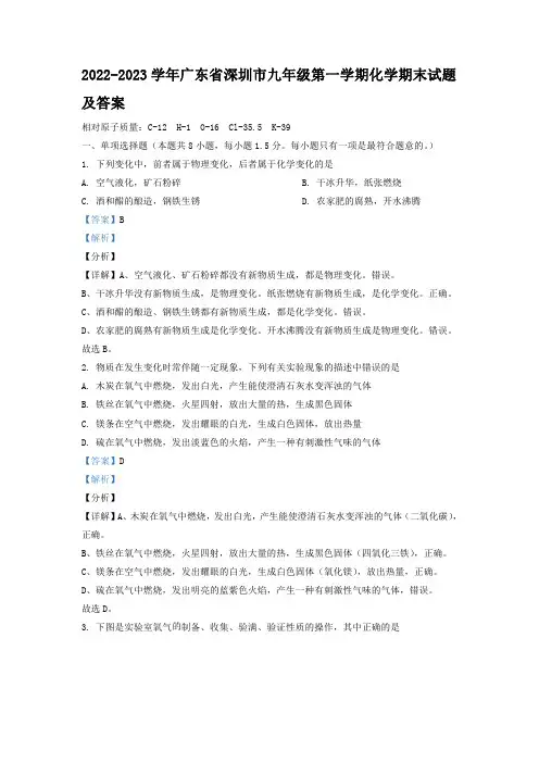 2022-2023学年广东省深圳市九年级第一学期化学期末试题及答案