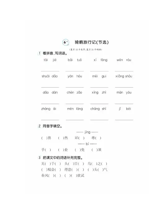 部编版六年级语文下册第6课：骑鹅旅行记+第7课：汤姆索亚历险记同步练习题含答案