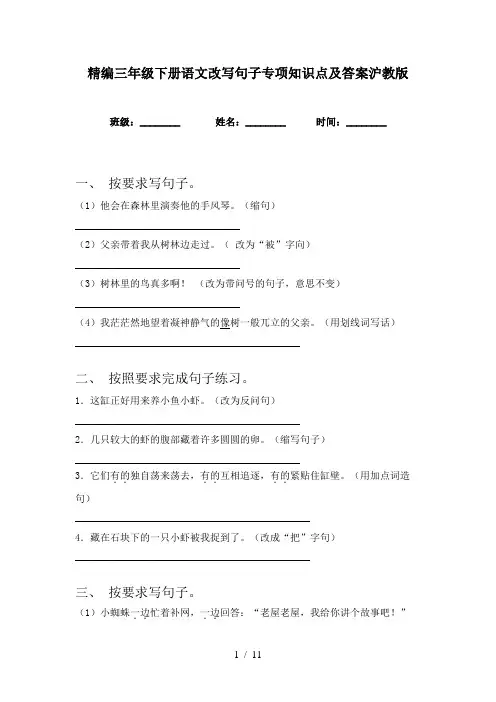 精编三年级下册语文改写句子专项知识点及答案沪教版