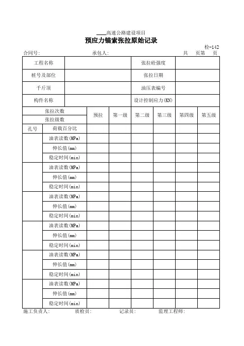 【工程常用表格】预应力锚索张拉原始记录