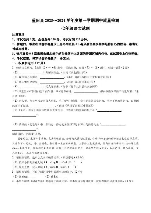 陕西省西安市蓝田县2023-2024学年七年级上学期期中语文试题(含答案)