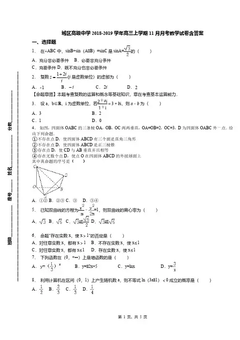 城区高级中学2018-2019学年高三上学期11月月考数学试卷含答案