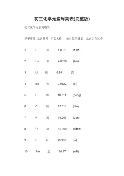初三化学元素周期表(完整版)