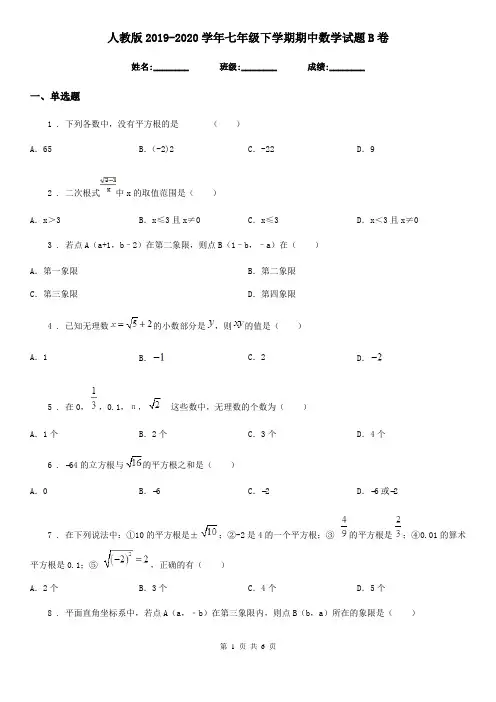 人教版2019-2020学年七年级下学期期中数学试题B卷(练习)