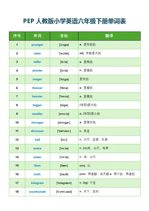 PEP人教版小学英语六年级下册单词表(含音标)