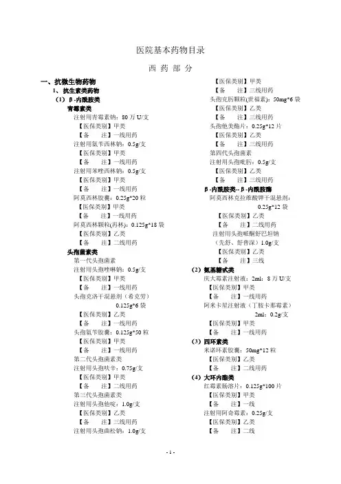 医院基本药物目录