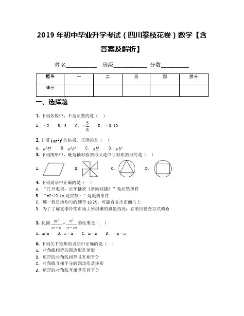 2019年初中毕业升学考试(四川攀枝花卷)数学【含答案及解析】