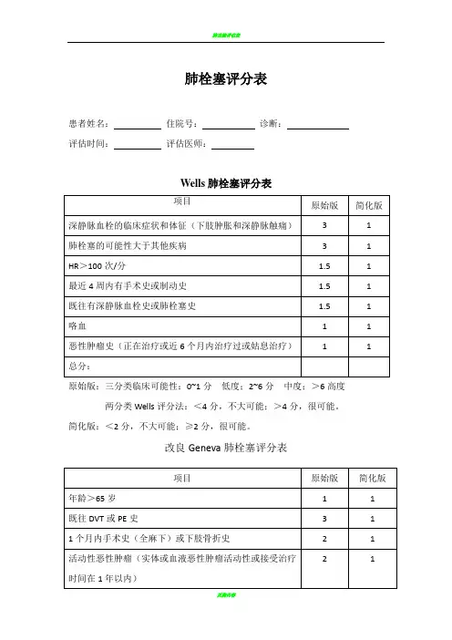 肺栓塞评分表3