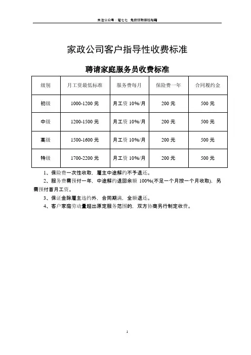 家政公司收费模板