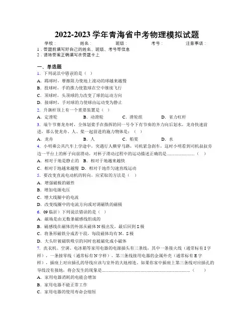 2022-2023学年青海省中考物理模拟试题附解析