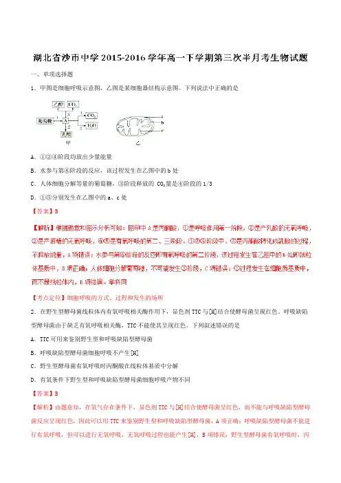 【全国百强校】湖北省沙市中学2015-2016学年高一下学期第三次半月考生物试题(解析版)