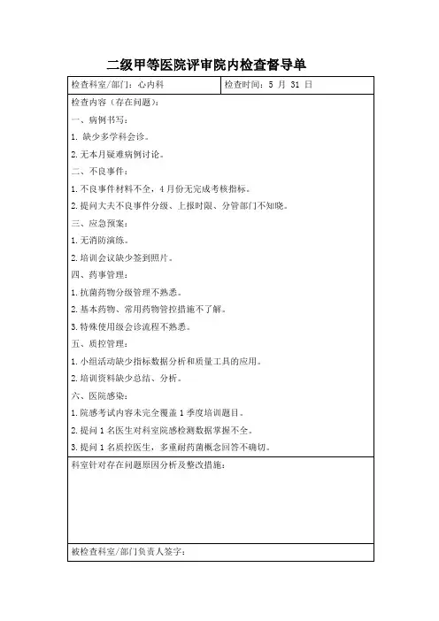 二级甲等医院评审院内检查督导单