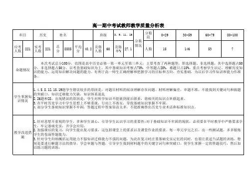 高一期中考试教师教学质量分析表