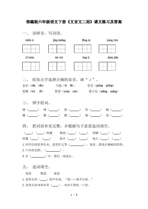 部编版六年级语文下册《文言文二则》课文练习及答案