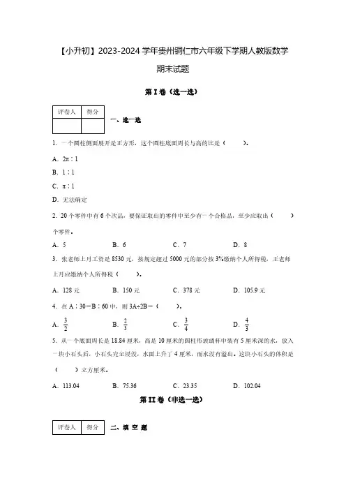 【小升初】2023-2024学年贵州铜仁市六年级下学期人教版数学期末试题2套(含解析) (2)