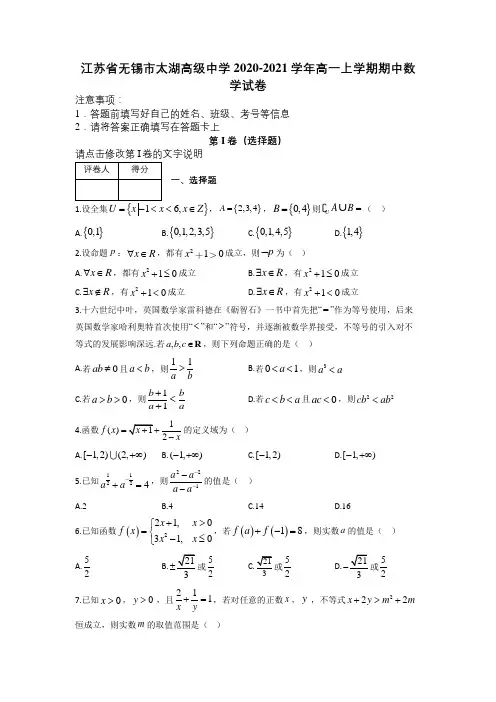 江苏省无锡市太湖高级中学2020-2021学年高一上学期期中数学试卷及解析