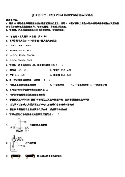 浙江省杭州市名校2024届中考押题化学预测卷含解析