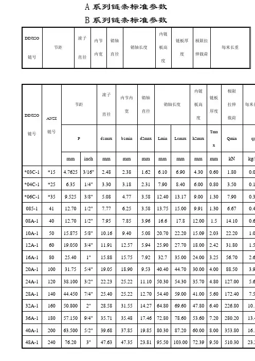 标准型号链条参数