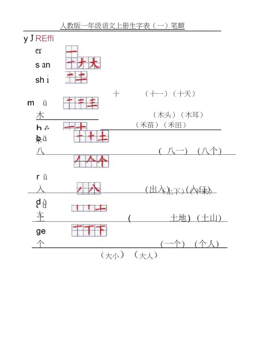 人教版一年级语文上册生字表笔顺表(Word)格式
