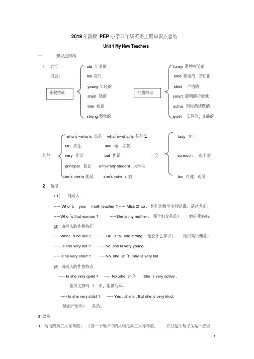 2019年新版PEP小学五年级英语上册知识点总结