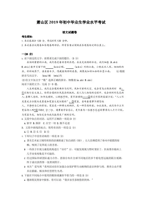 浙江省杭州市萧山区2019年初中毕业生学业水平考试语文试卷含答案