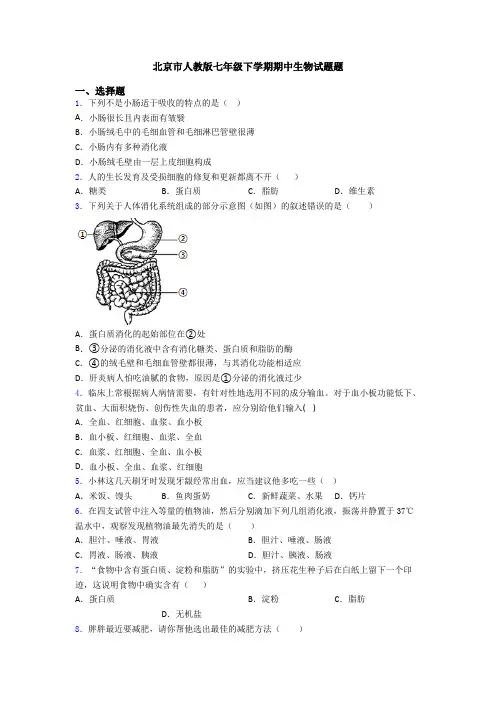 北京市人教版七年级下学期期中生物试题题