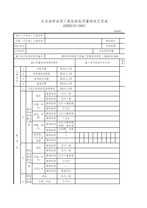 水性涂料涂饰检验批质量验收记录表