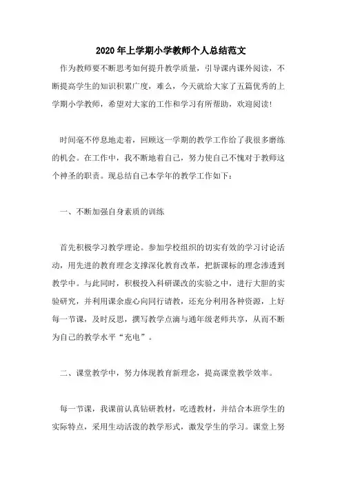 2020年上学期小学教师个人总结范文