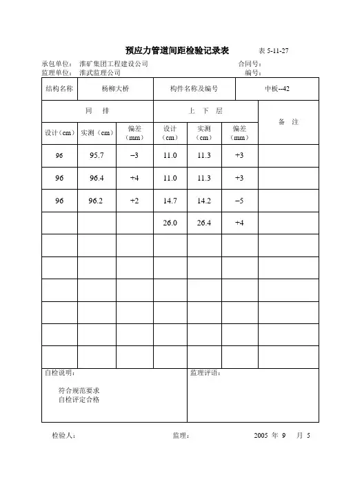 预应力管道间距检验记录表         表5