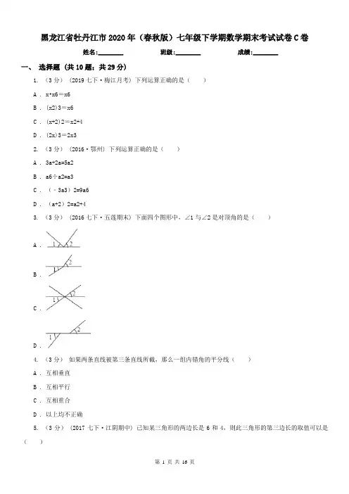黑龙江省牡丹江市2020年(春秋版)七年级下学期数学期末考试试卷C卷(练习)