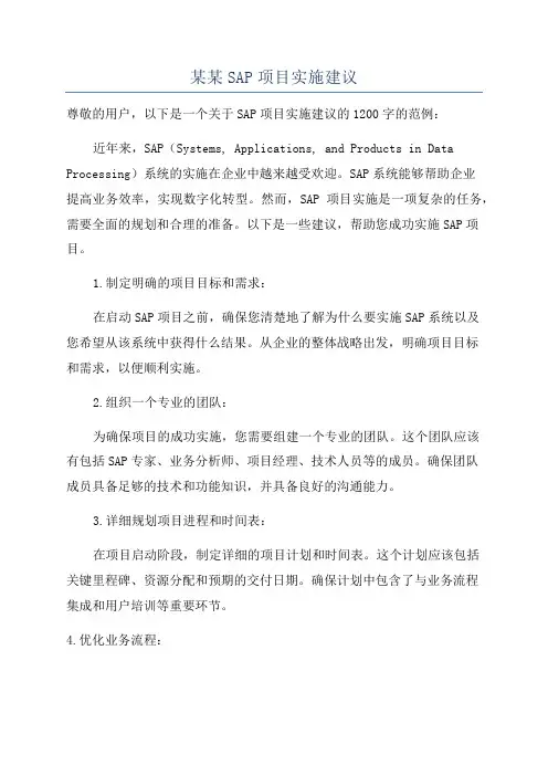 某某SAP项目实施建议