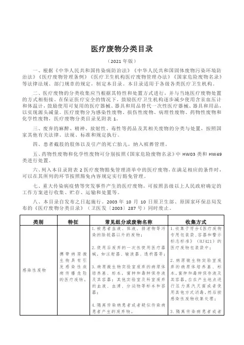 医疗废物分类目录