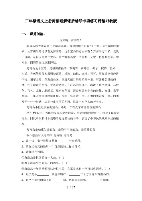三年级语文上册阅读理解课后辅导专项练习精编湘教版
