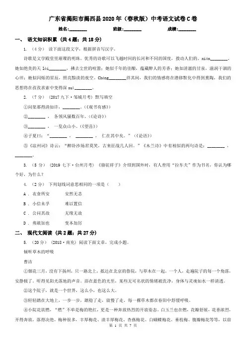 广东省揭阳市揭西县2020年(春秋版)中考语文试卷C卷