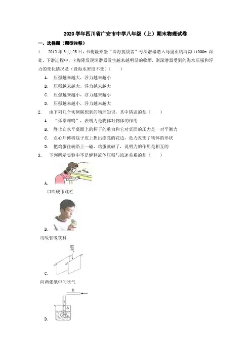 2020学年四川省广安市中学八年级(上)期末物理试卷