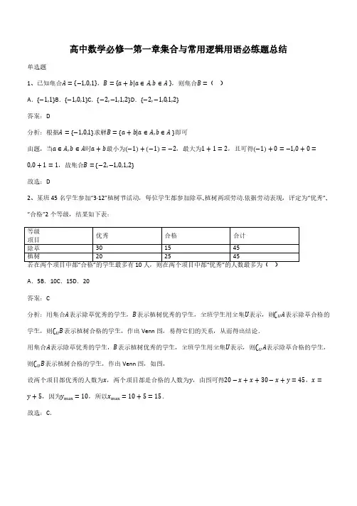 高中数学必修一第一章集合与常用逻辑用语必练题总结(带答案)