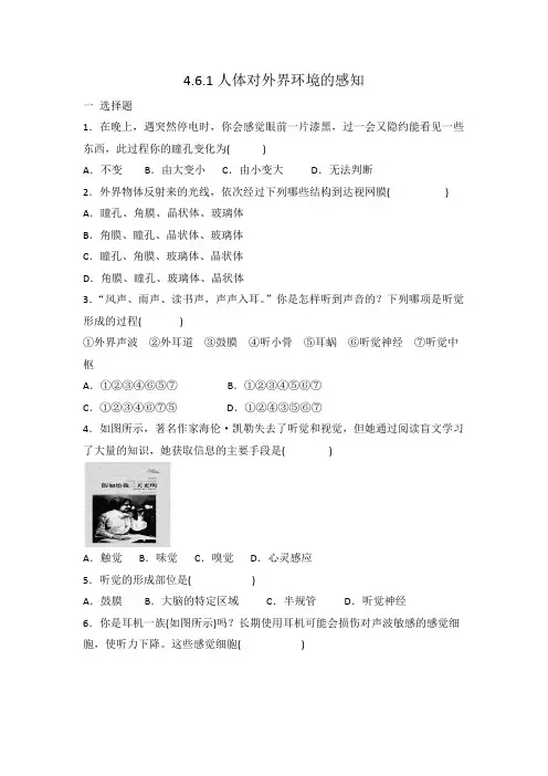 人教版七年级下册 生物 4.6.1人体对外界环境的感知 同步练习 有答案